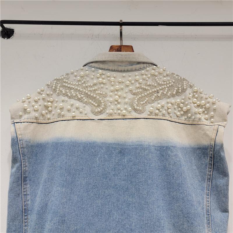 Oversized Pearls Denim Vest Jacket