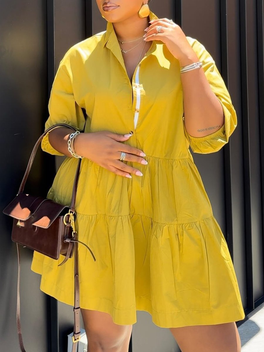 Casual Puff Sleeve A Shirt Dress