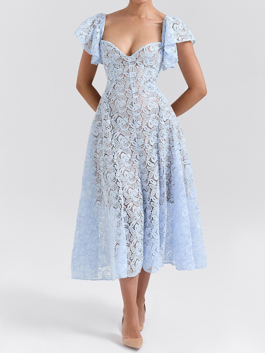 Square Collar Floral Lace Midi Dress