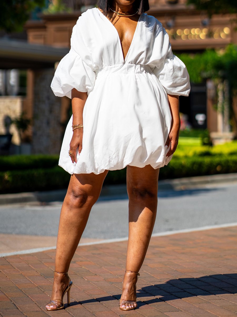 Deep V Neck Fashion Lantern Sleeve Mini Dress