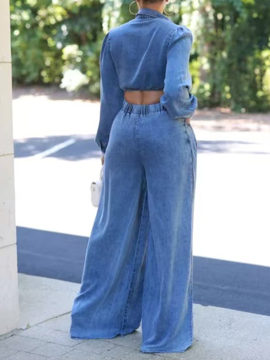 Casual Tie Wide Leg Denim 2pc Set