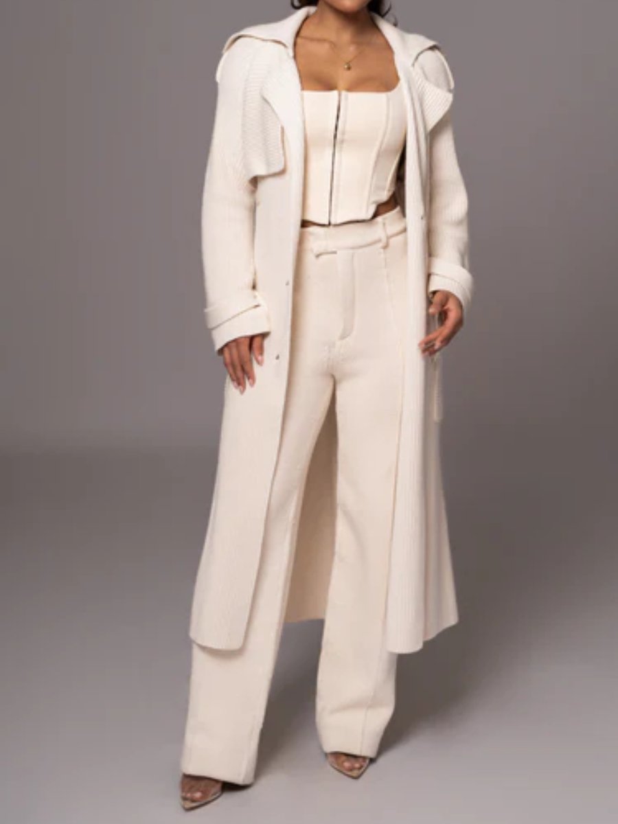 Chic Ivory Knit Cardigan Trench Coat