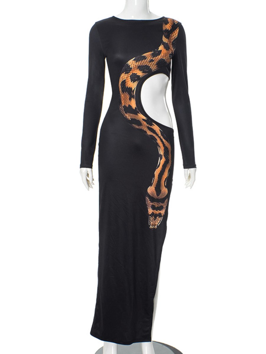 High Split Long Sleeve Sexy Cutout Snake Print Dress